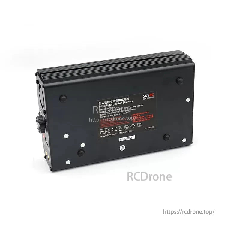 SkyRC PC520 balance charger in black metal case with side ports and specification label on the back