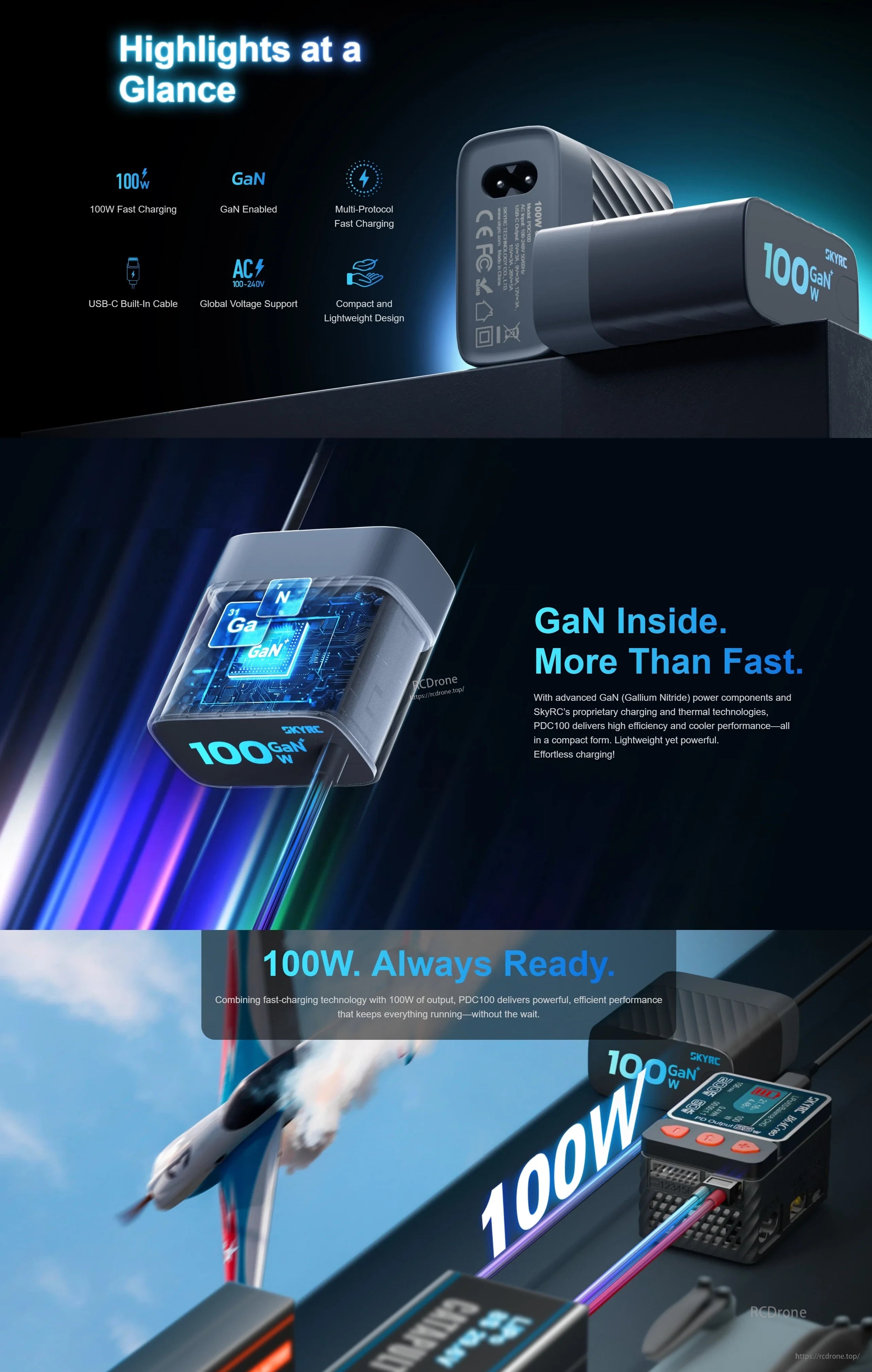 SkyRC PDC100 100W GaN Fast Charger With USB-C Output, Supporting PD, PPS, and QC