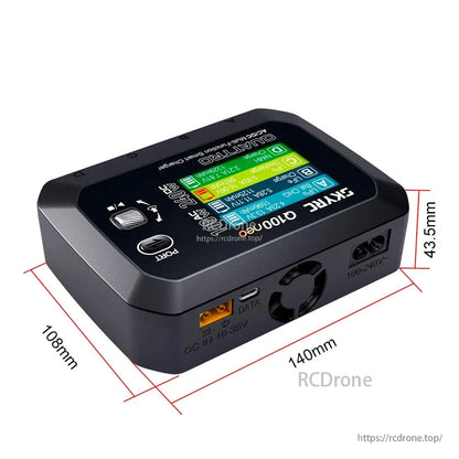 SkyRC Q100neo smart charger with color display, DC input 10–30V, XT60 port, and 140×108×43.5mm size