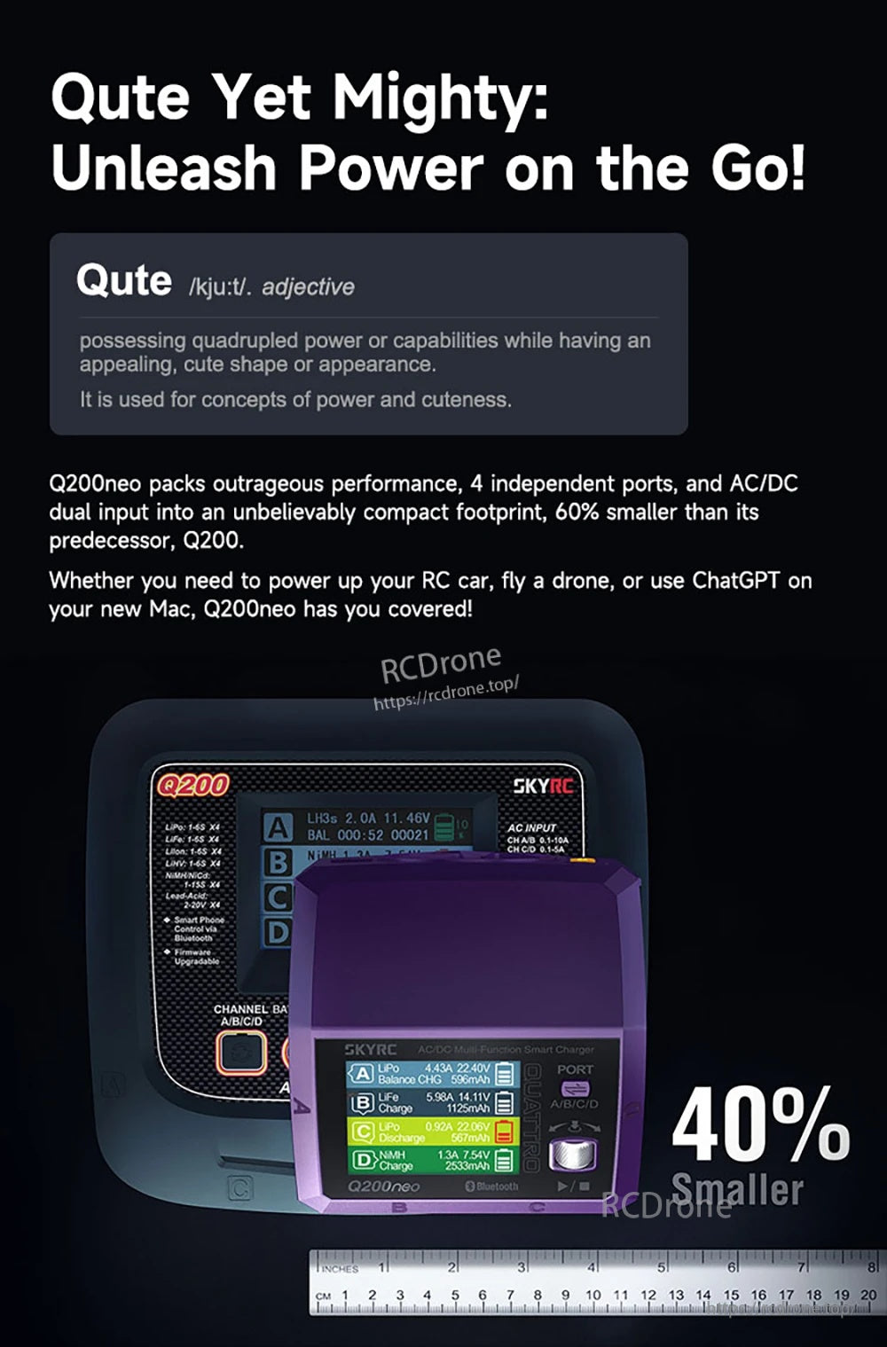 SkyRC Q200neo 4 Channel AC 200W DC 400W 10A*4 Multi-Function Smart Charger for 1-6S Lipo LiHV LiFe LiIon 2-15S NiMH NICD Battery