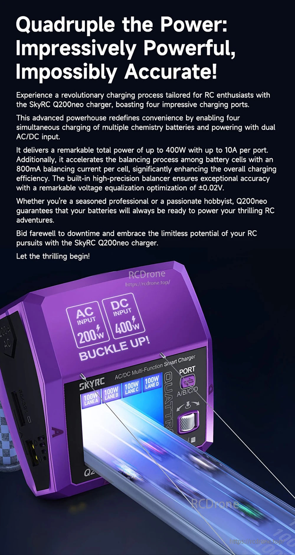 SkyRC Q200neo 4 Channel AC 200W DC 400W 10A*4 Multi-Function Smart Charger for 1-6S Lipo LiHV LiFe LiIon 2-15S NiMH NICD Battery