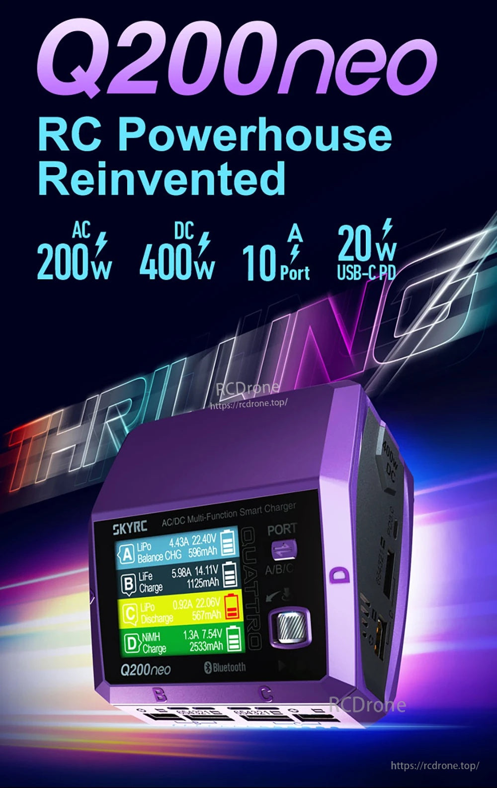SkyRC Q200neo 4 Channel AC 200W DC 400W 10A*4 Multi-Function Smart Charger for 1-6S Lipo LiHV LiFe LiIon 2-15S NiMH NICD Battery