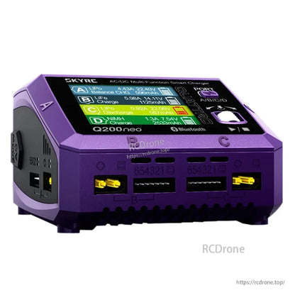 SkyRC Q200neo 4-Port AC/DC Smart Battery Charger, SkyRC Q200neo 4-port smart battery charger with color display and front balance ports in a purple case