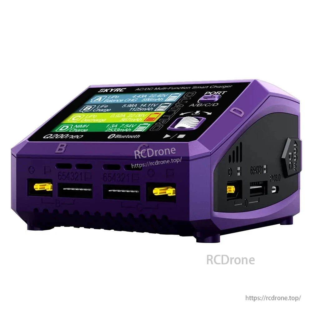 SkyRC Q200neo 4-Port AC/DC Smart Battery Charger, SkyRC Q200neo 4-port smart battery charger with color screen, purple case, and multiple front charging ports