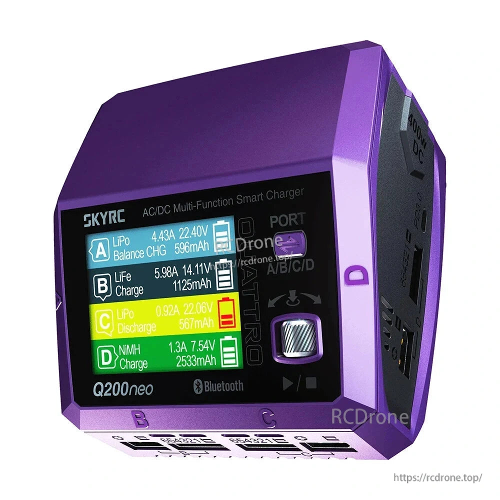 SkyRC Q200neo 4-port AC/DC smart battery charger with color display, control knob, and Bluetooth label