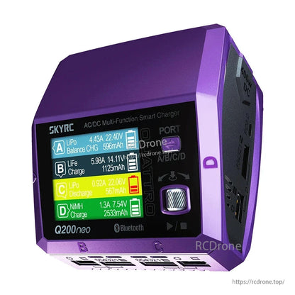 SkyRC Q200neo 4-port AC/DC smart battery charger with color display, control knob, and Bluetooth label