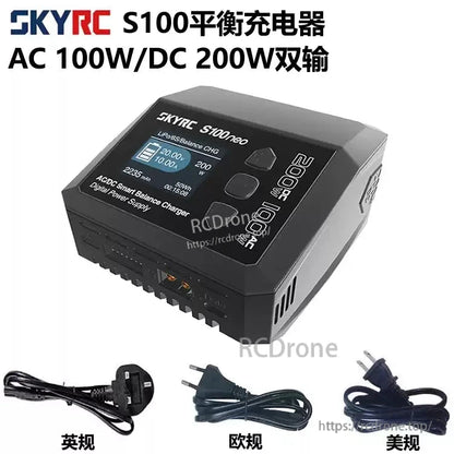 SkyRC S100neo smart balance battery charger with display screen and included US, EU, and UK power cords