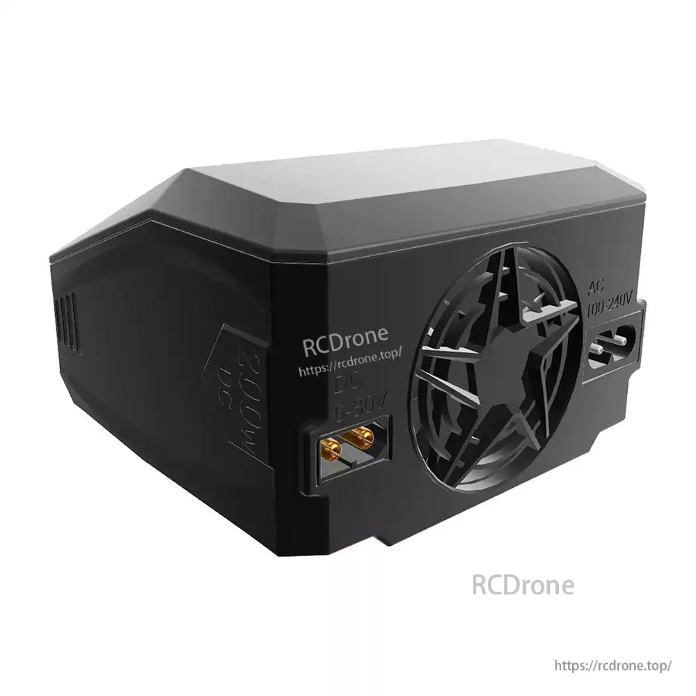 SkyRC S100neo smart balance battery charger with rear cooling fan grille, AC 100–240V input, and output ports