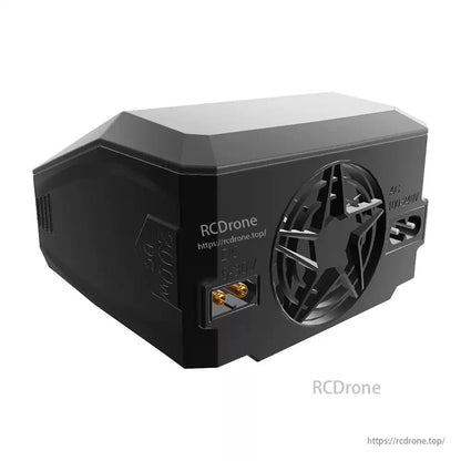 SkyRC S100neo smart balance battery charger with rear cooling fan grille, AC 100–240V input, and output ports
