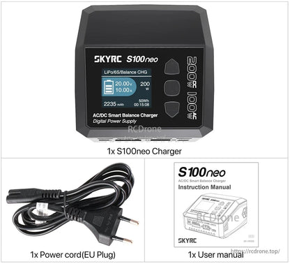 SkyRC S100neo smart balance battery charger with display, EU power cord, and user manual included