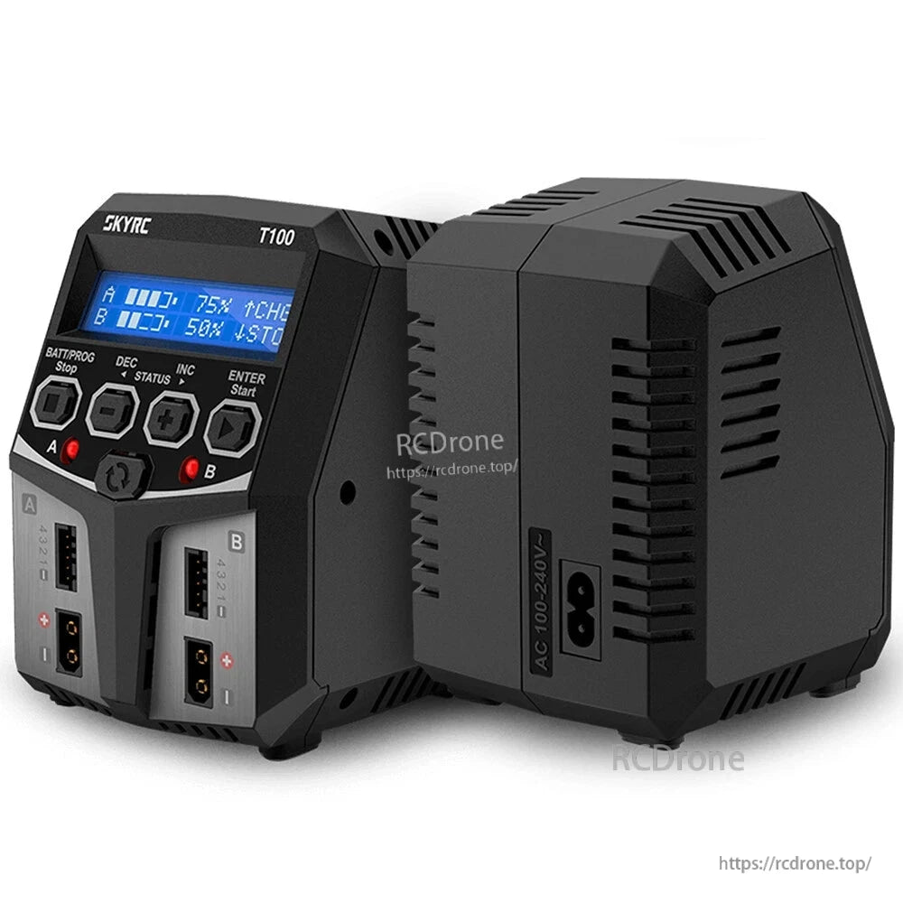 SkyRC T100 dual balance charger with LCD screen, two charge ports and balance connectors, and AC input power socket