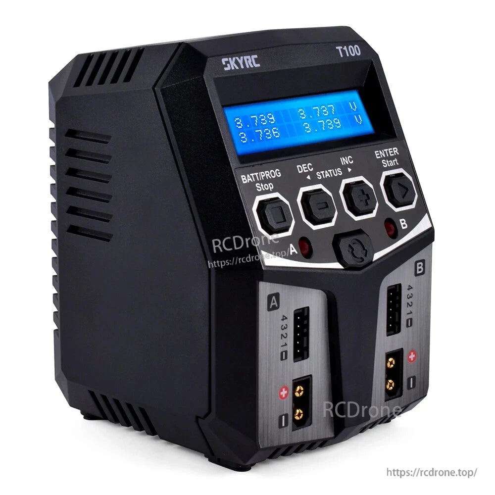 SkyRC T100 dual balance charger with blue backlit display, control buttons, and dual A/B balance ports