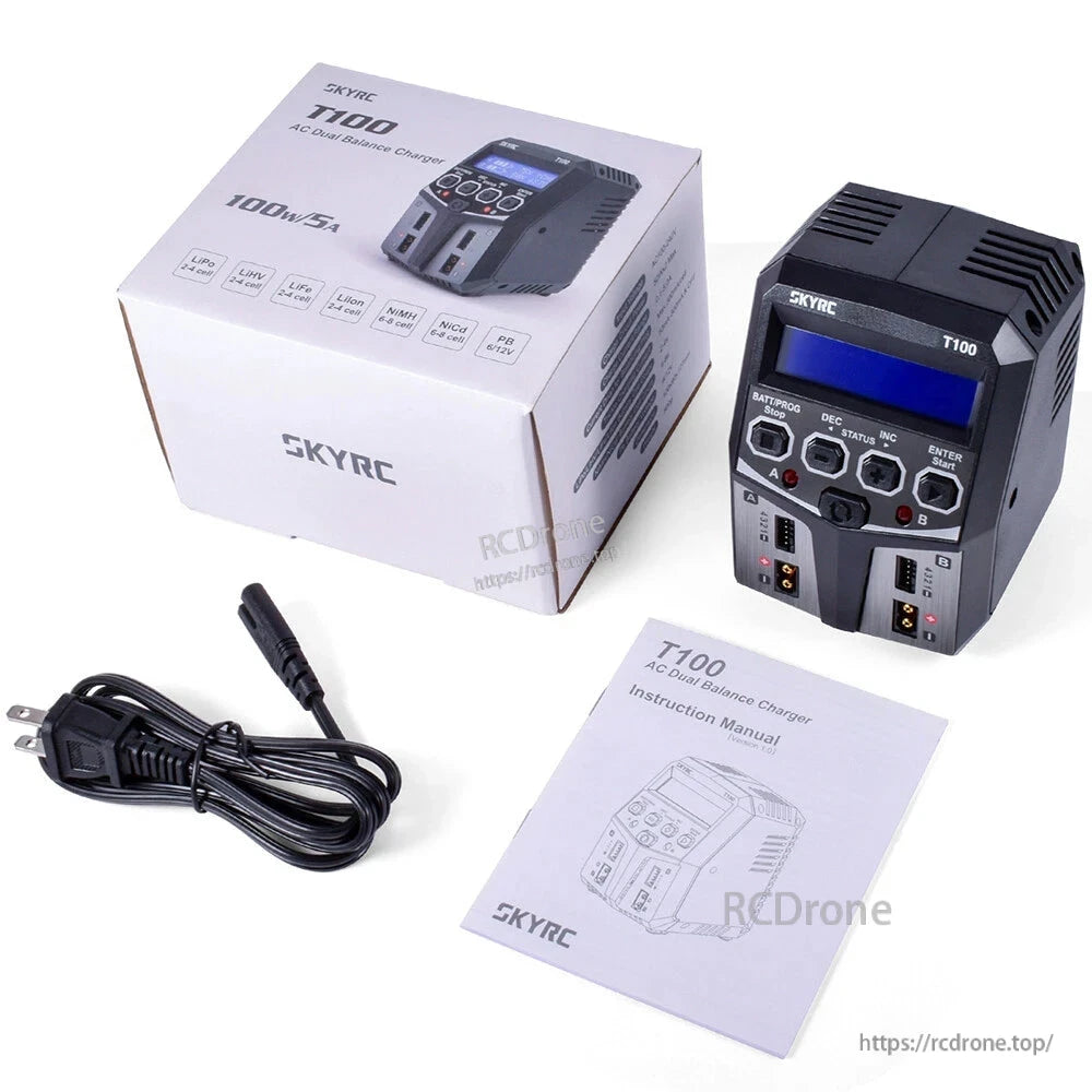 SkyRC T100 dual balance charger kit with charger unit, retail box, AC power cord, and instruction manual
