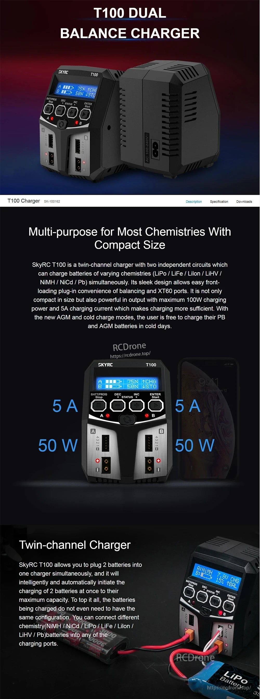 SkyRC T100 DUAL 5A 2X50W Balance Charger for 2-4S LiPo/LiIon/LiFe/LiHV Battery