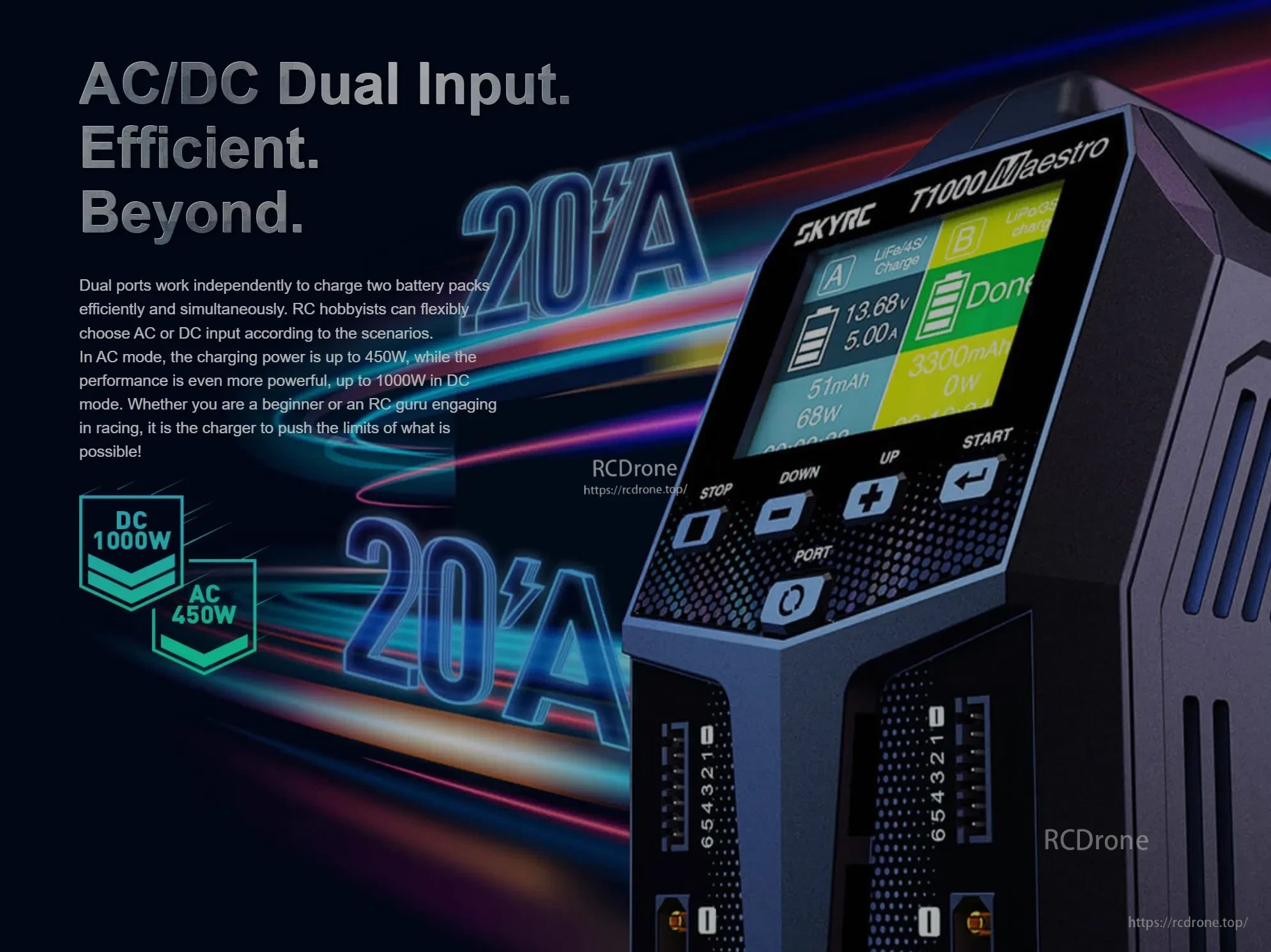 SkyRC T1000 Maestro 450W 20A AC/DC Dual Balance LiPo Charger for 1-6S LiPo Battery