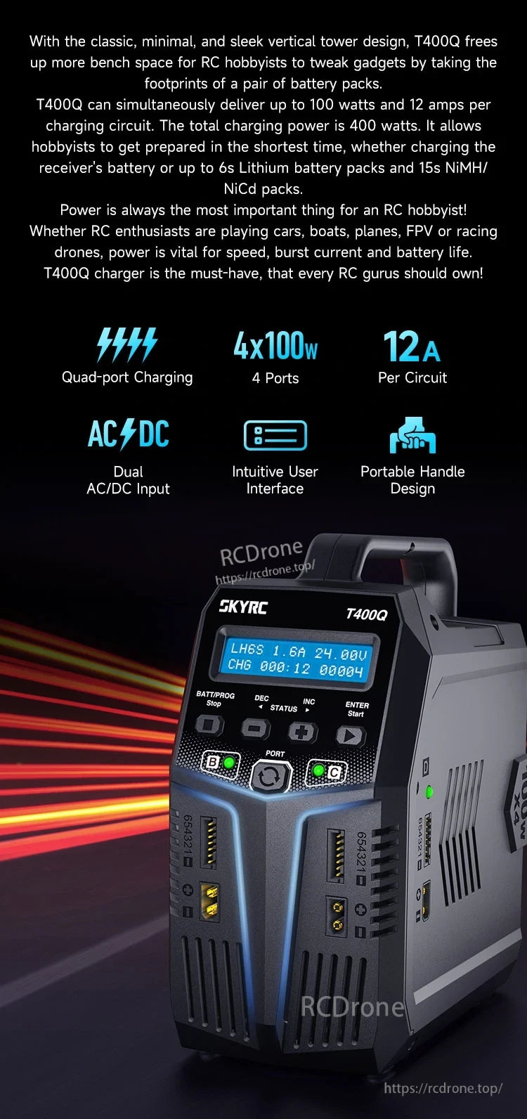 SkyRC T400Q AC/DC 100X4 Lipo Battery Balance Charger/Discharger for 1-6S LiPo Battery