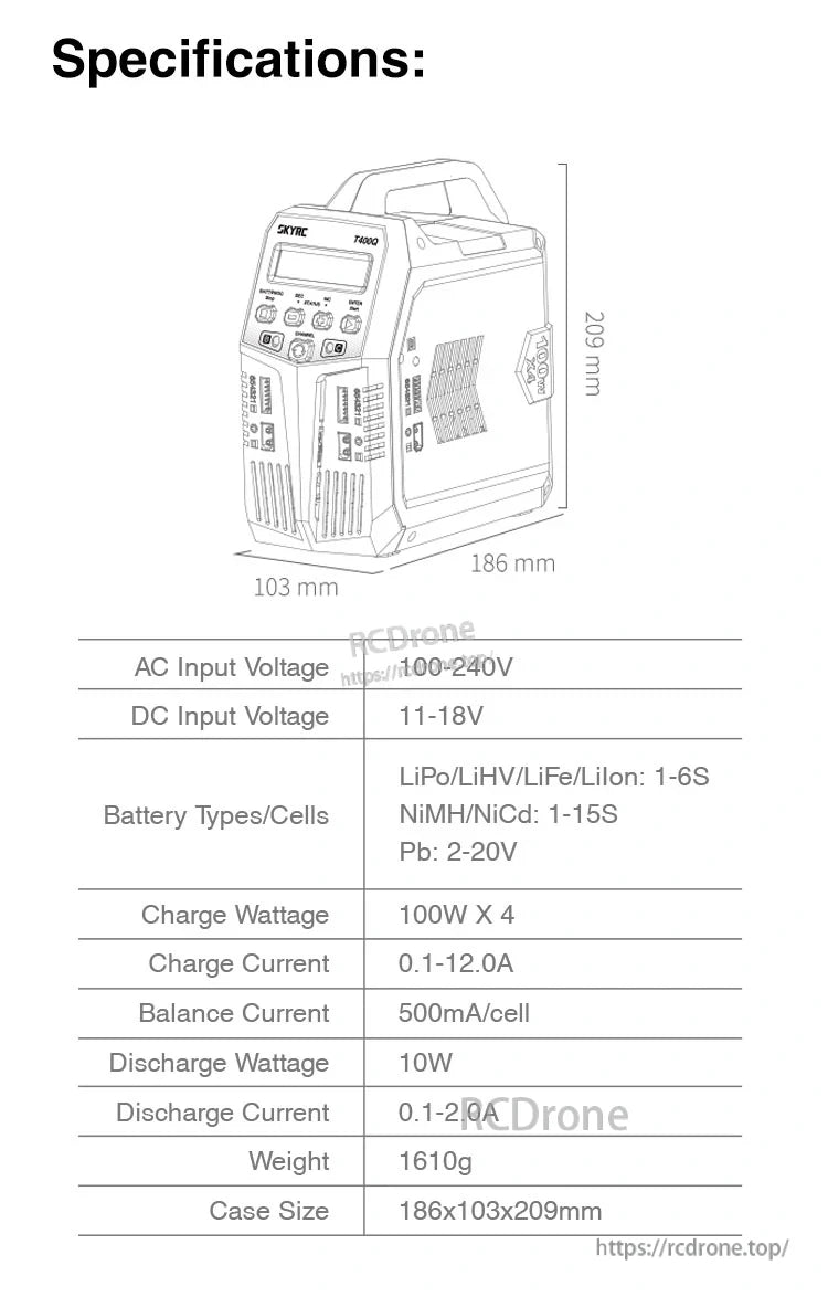 SkyRC T400Q AC/DC 100X4 Lipo Battery Balance Charger/Discharger for 1-6S LiPo Battery