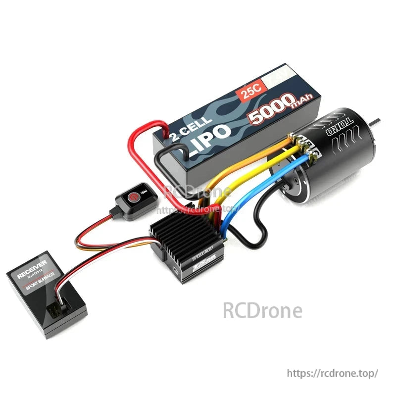 ESC installation diagram showing 2-cell LiPo, receiver input, and motor phase wires (RCDRone watermark)
