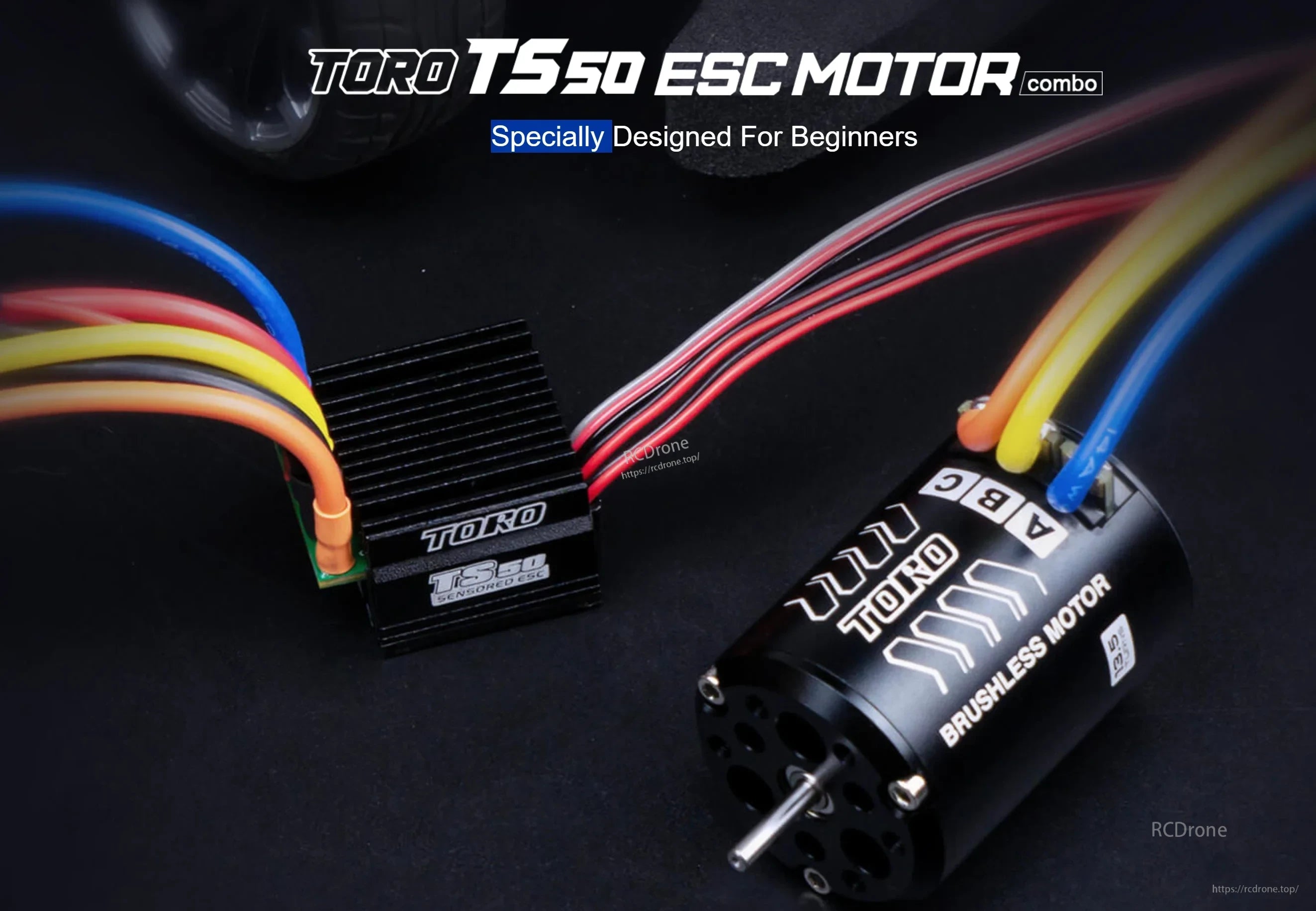 SkyRC TORO TS50 50A sensored ESC and TORO brushless motor combo with color-coded silicone wires