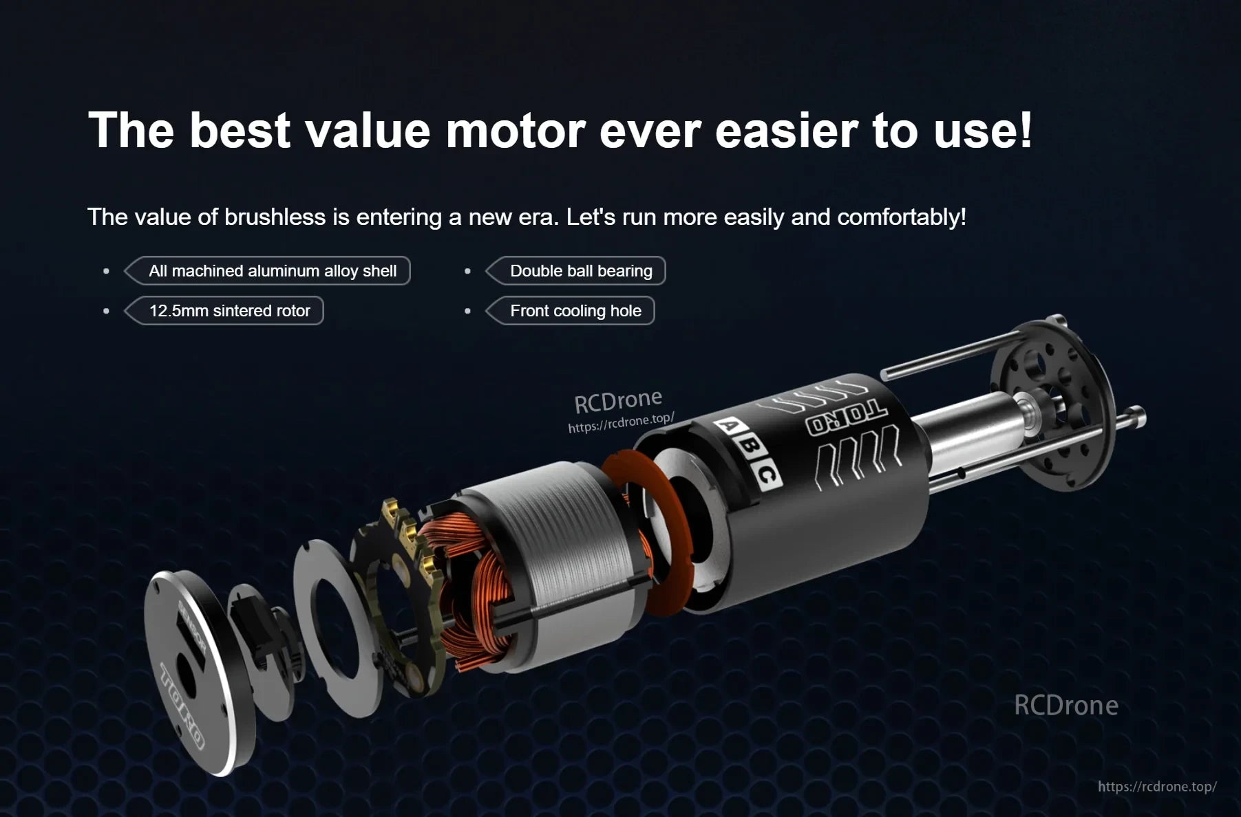 Exploded view of TORO brushless motor showing machined aluminum shell, rotor, and double ball bearings