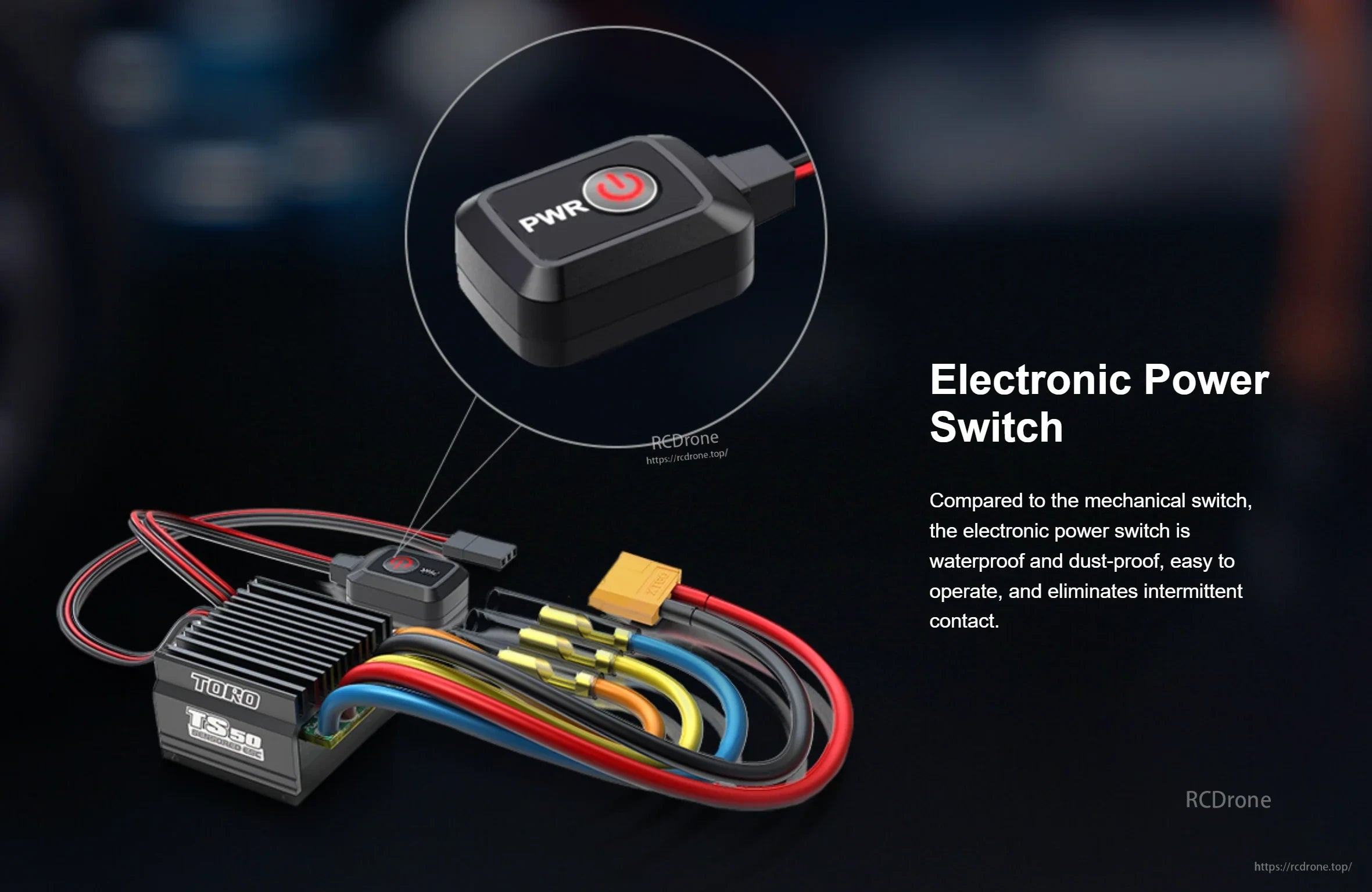 SkyRC TORO TS50 ESC wiring harness with waterproof electronic power switch and battery connector