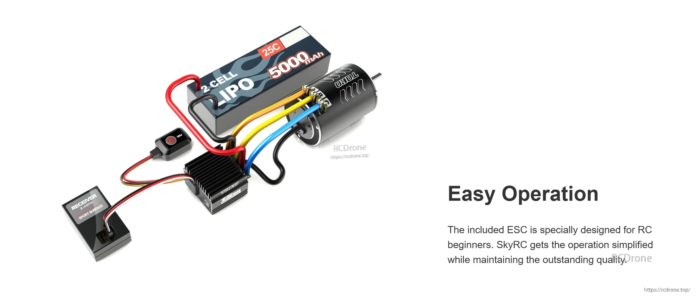 Complete TORO TS50 ESC and motor installed wiring example with 2S LiPo pack and electronic switch