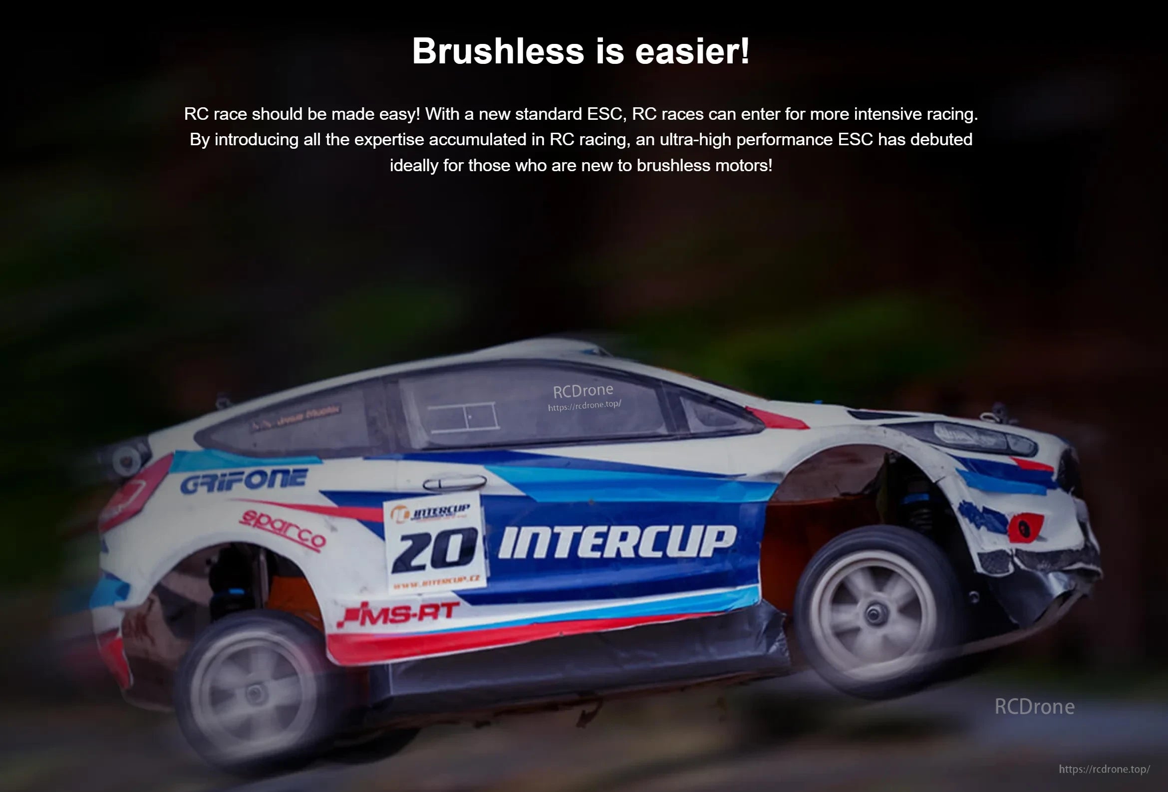 1/10 scale RC touring car running shot used to illustrate brushless performance for beginner setups