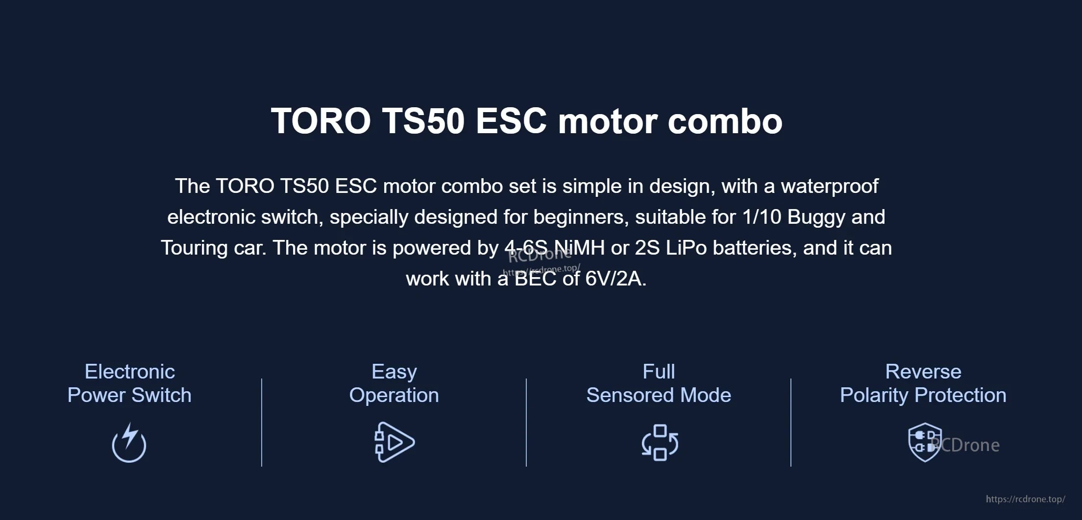 TORO TS50 ESC motor combo feature summary graphic: electronic power switch, easy operation, full sensored mode