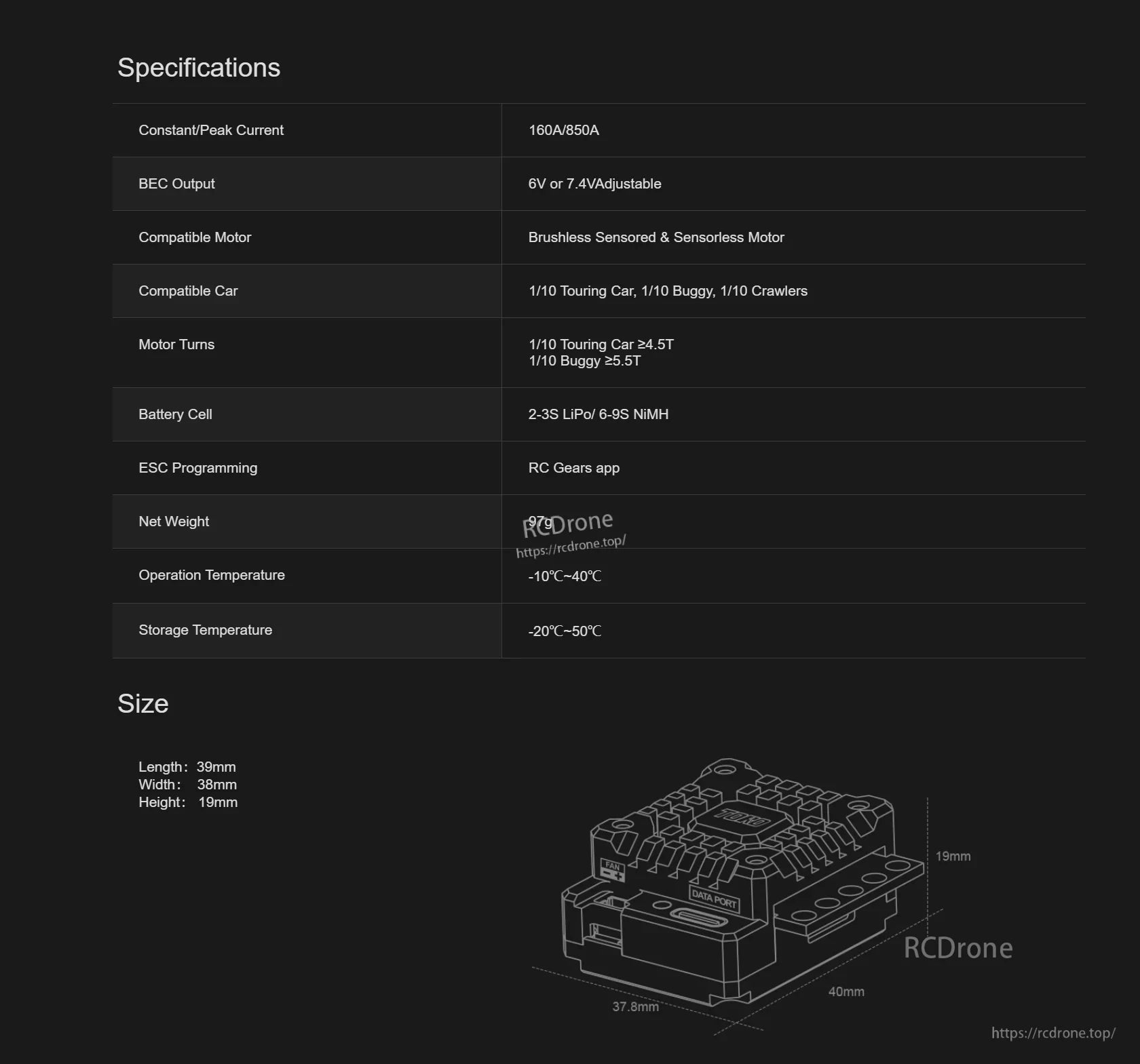 SkyRC TS160 Pro V2 specifications table and ESC size diagram (39×38×19mm) with 160A/850A rating
