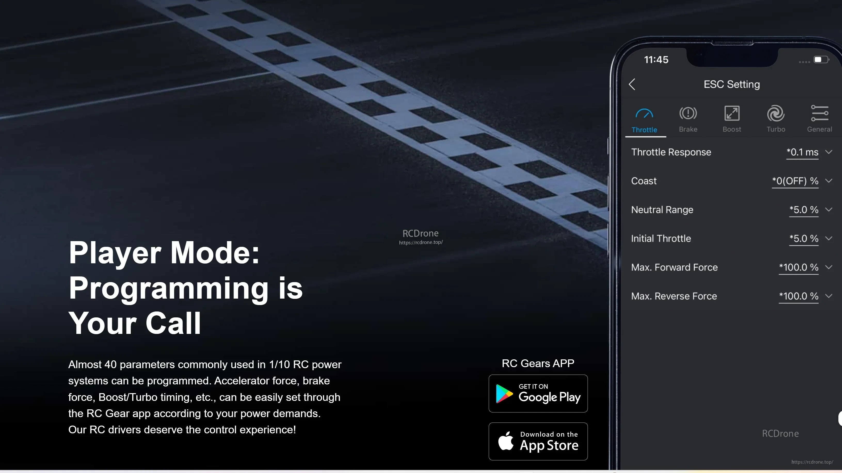RC Gears app ESC settings screen for tuning throttle response, neutral range, and brake/force parameters