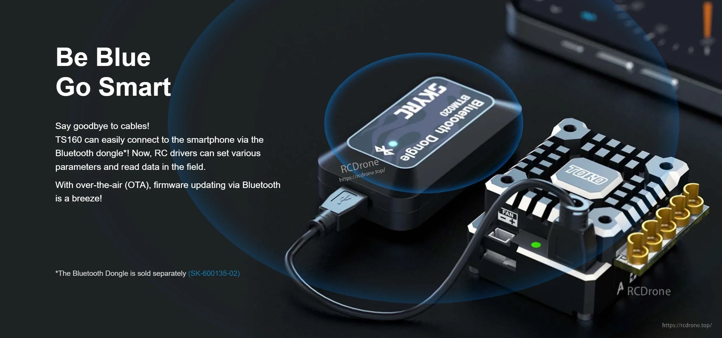 SkyRC Bluetooth tuning dongle connected by USB for wireless ESC programming and OTA firmware updates