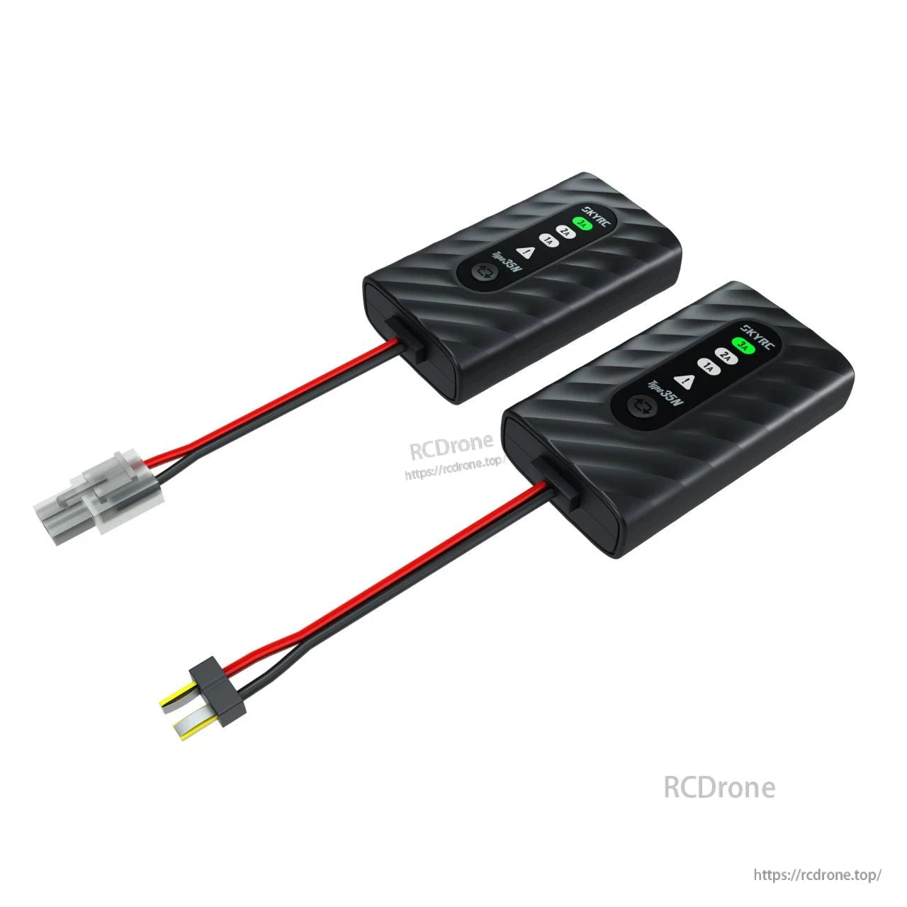 SkyRC Type35N compact battery charger with LED status indicators and attached output leads with two connector types