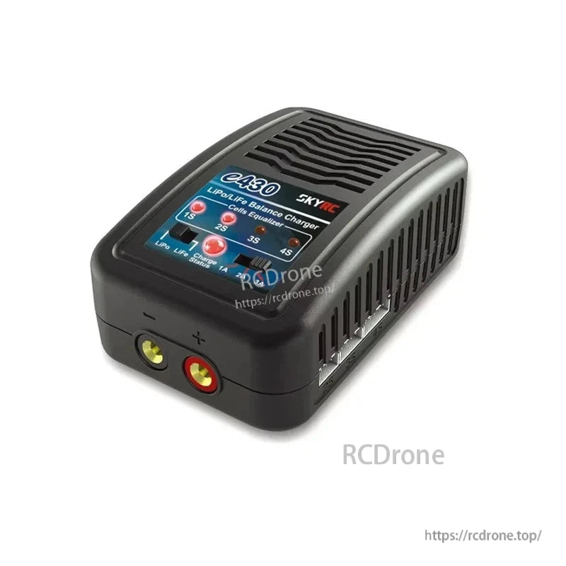 SkyRC e430 AC LiPo/LiFe 2-4S Balance Charger, SkyRC e430 AC LiPo/LiFe 2–4S balance charger with status LEDs and banana plug output terminals
