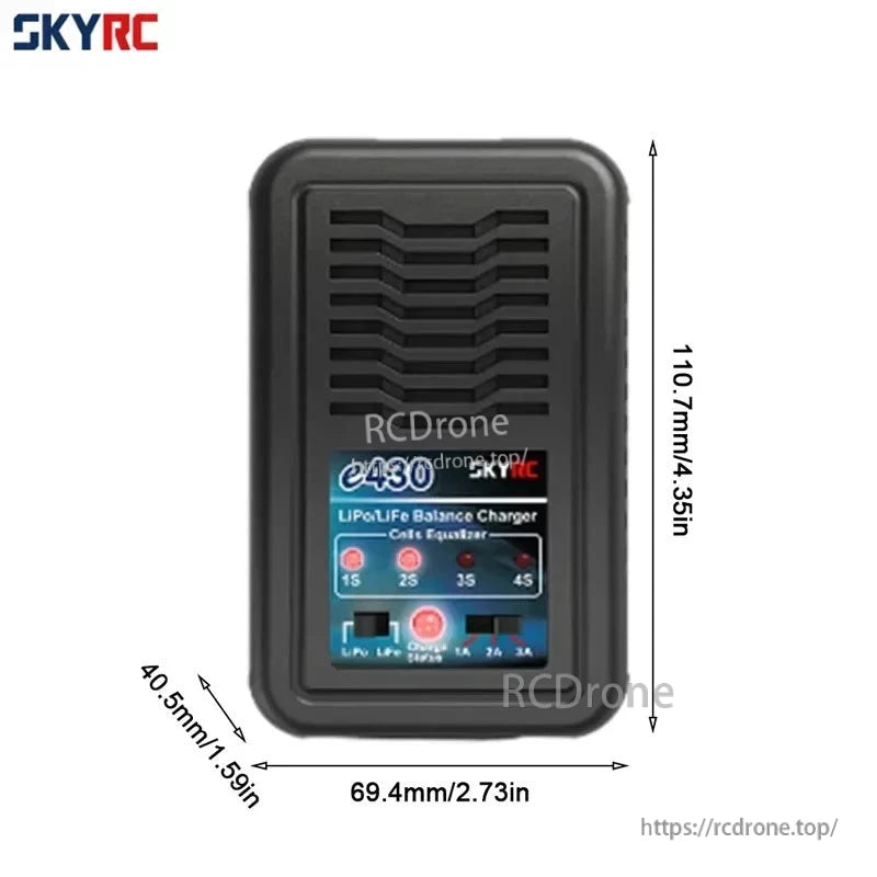 SkyRC e430 AC LiPo/LiFe 2-4S Balance Charger, SkyRC e430 AC LiPo/LiFe 2–4S balance charger with LED indicators and 69.4 x 110.7 x 40.5 mm case