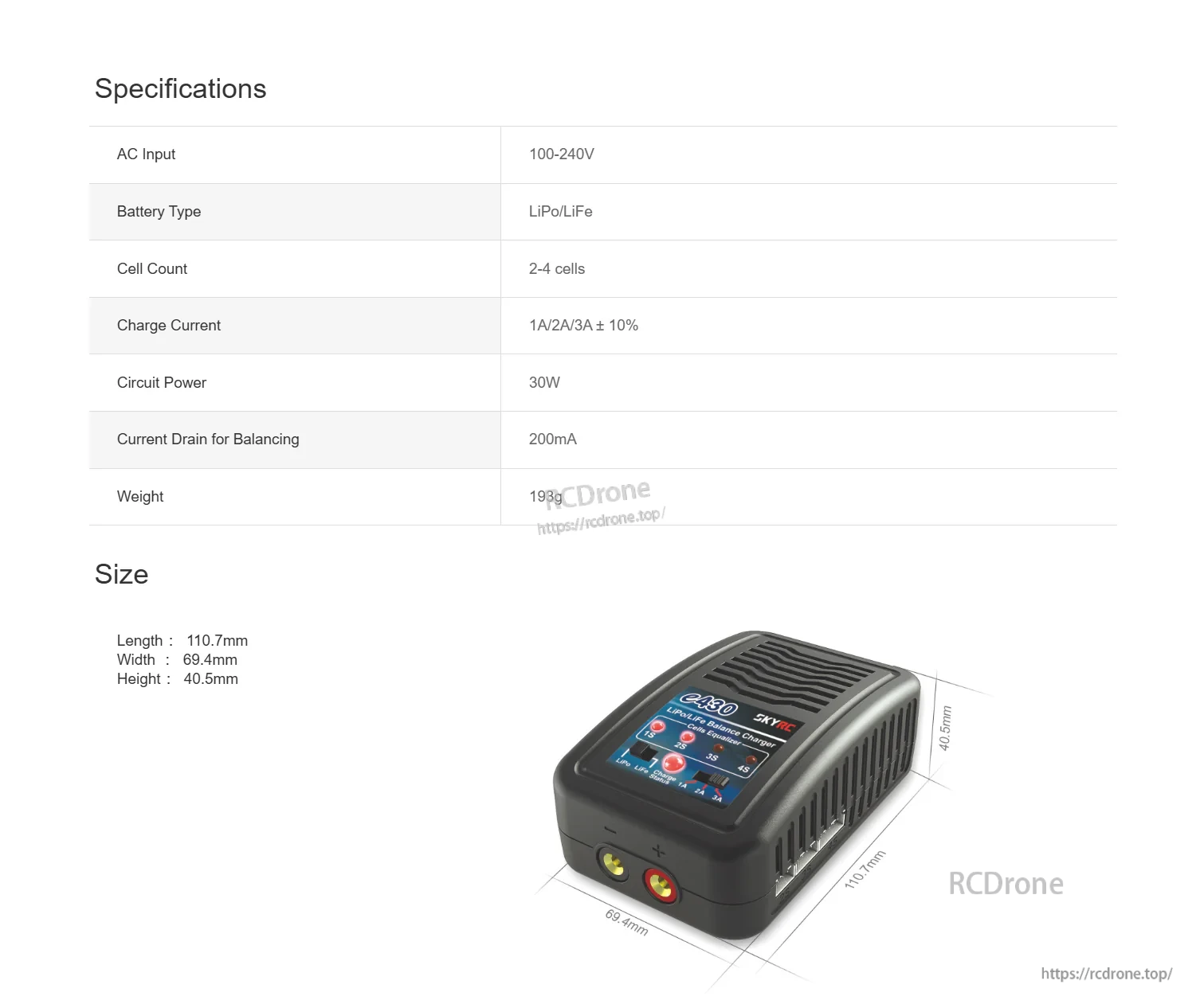 SkyRC e430 LiPo / LiFe(2-4s) Balance Charger Power Output 3A 30W