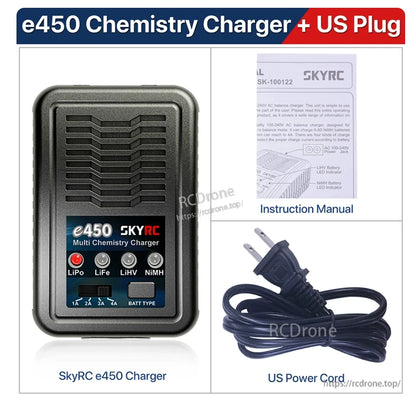 SkyRC e450 multi chemistry balance charger with LiPo/LiFe/LiHV/NiMH modes, plus US power cord and manual