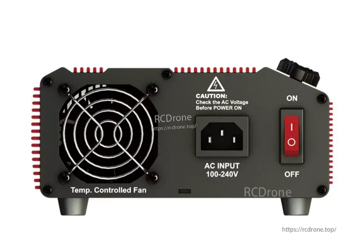 Rear panel with AC input 100–240V socket, ON/OFF rocker switch, caution label and temperature-controlled fan