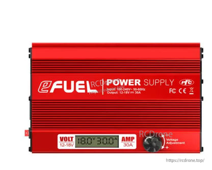 Top view of SkyRC eFUEL 540W 30A power supply with printed input 100–240V and output 12–18V details