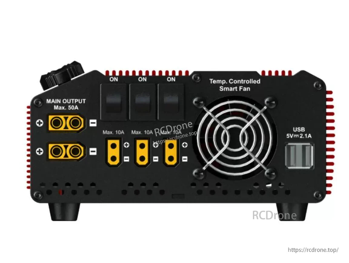 Output panel close-up with main output terminals, three switched DC outputs, cooling fan and USB 5V 2.1A