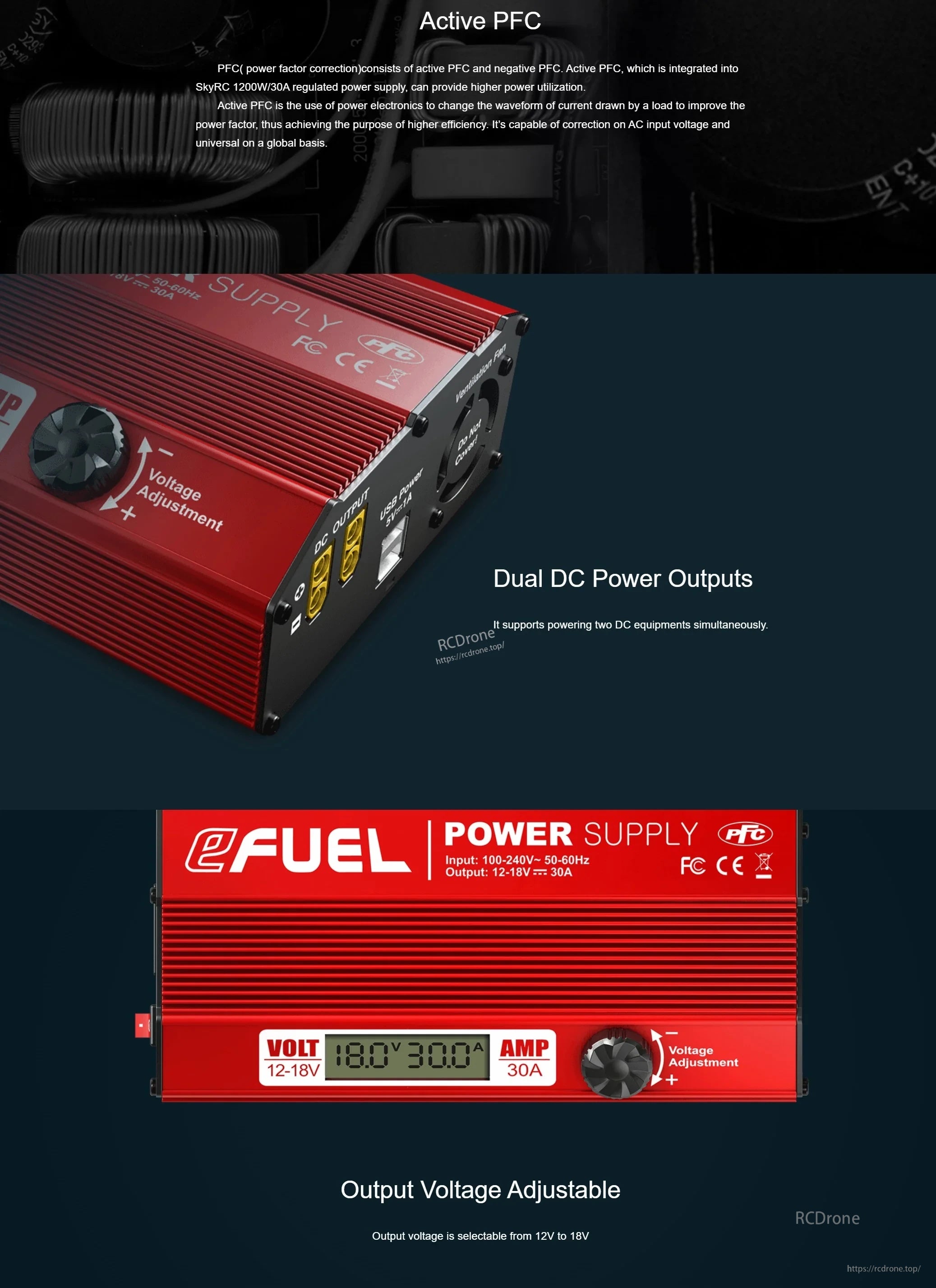 SkyRC eFUEL 540W/30A power supply detail highlighting active PFC, dual DC outputs, and adjustable 12–18V output voltage