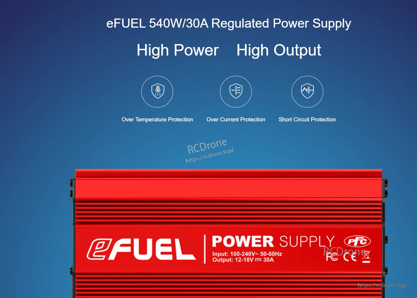 SkyRC eFUEL 540W 30A regulated power supply hero graphic with over-temp, over-current, and short-circuit protection