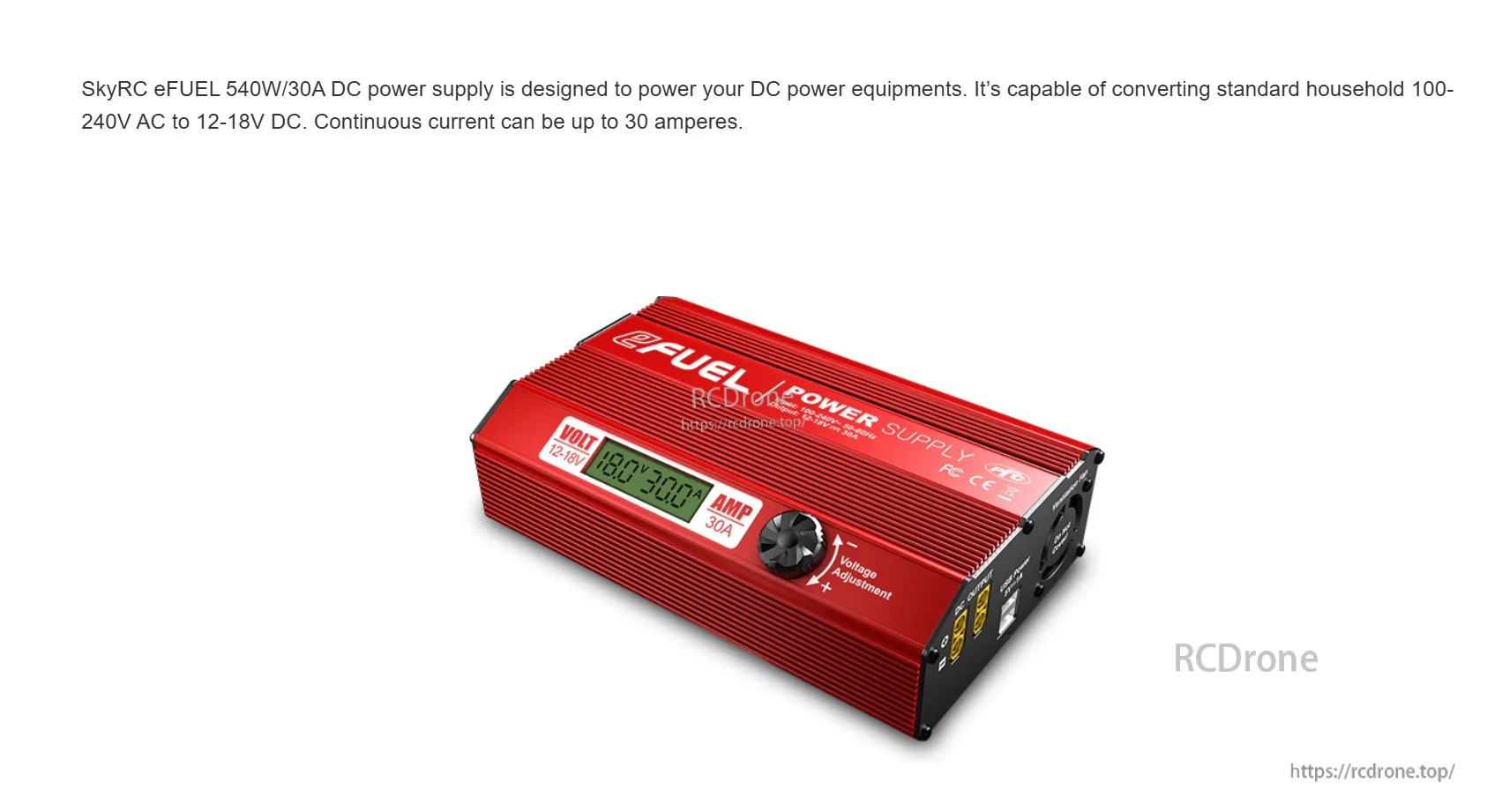 Angled view of the SkyRC eFUEL 540W 30A regulated DC power supply with LCD readout and front control knob