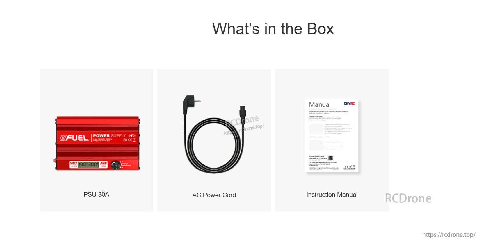 What’s in the box: eFUEL 30A power supply unit, AC power cord, and instruction manual
