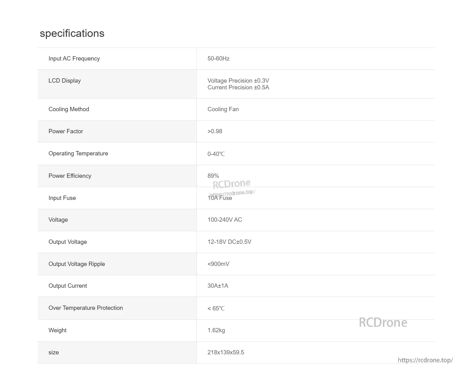Specifications table for the eFUEL 540W 30A regulated power supply, listing input range, output settings, protections, size, and weight