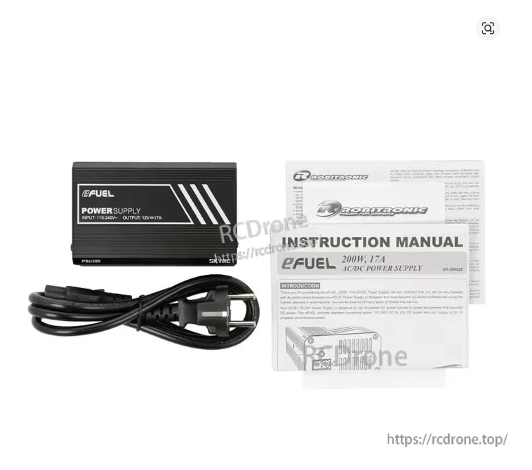 SkyRC eFuel 200W Power Supply, SkyRC eFuel 200W AC/DC power supply with 12V 17A output, power cord, and instruction manual