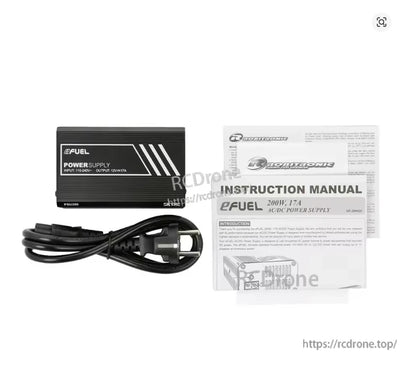 SkyRC eFuel 200W Power Supply, SkyRC eFuel 200W AC/DC power supply with 12V 17A output, power cord, and instruction manual