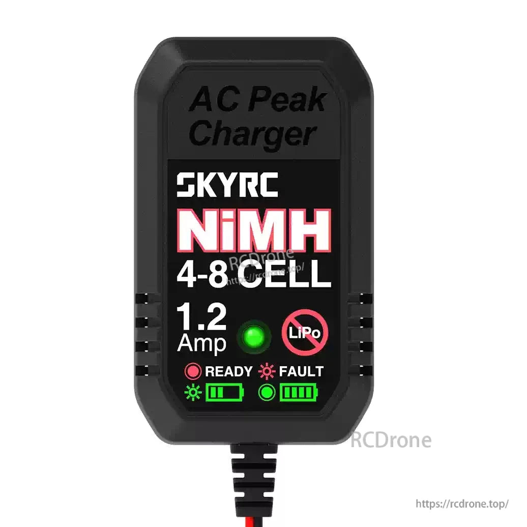 SkyRC eN18 NiMH Peak Charger, SkyRC eN18 AC peak NiMH charger labeled 4–8 cell, 1.2A, with ready/fault status lights on the front