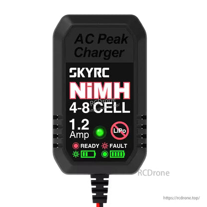 SkyRC eN18 NiMH Peak Charger, SkyRC eN18 AC peak NiMH charger labeled 4–8 cell, 1.2A, with ready/fault status lights on the front