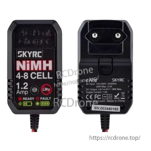 SkyRC eN18 NiMH Peak Charger, SkyRC eN18 AC peak charger for NiMH 4–8 cell packs, 1.2A output, with ready/fault LED indicators