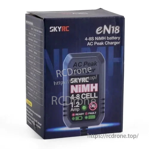 SkyRC eN18 NiMH Peak Charger, SkyRC eN18 NiMH AC peak charger box showing 4–8 cell support, 1A charge rate, and ready/fault LEDs